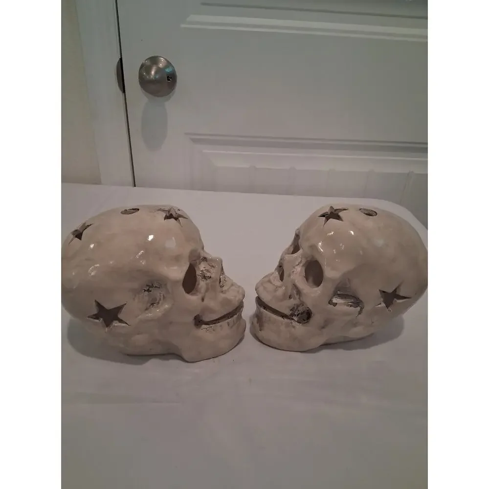 Gothic Ceramic Skull Statue Pair Halloween Light Up LED Star Cutout Decor Set